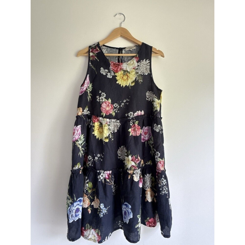 Le Ragazze Linen Dress S Black Floral Sleeveless Tiered 100% Linen Italy